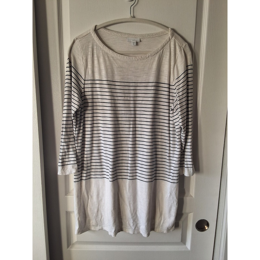 J. Jill Striped Tunic Top Women Medium Tall White Navy‎ Blue 3/4 Sleeve Button